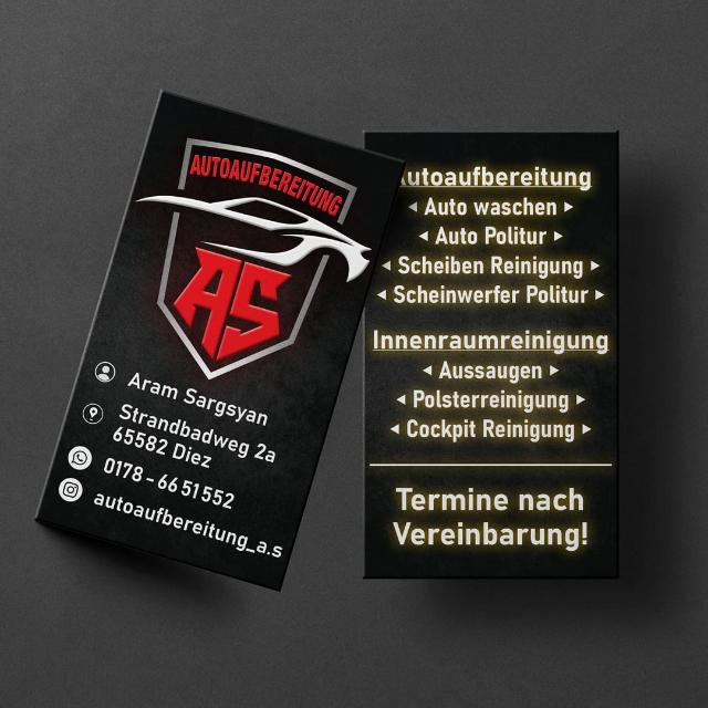 Visitenkarte Autoaufbereitung A S mit Kontaktdaten und Leistungen